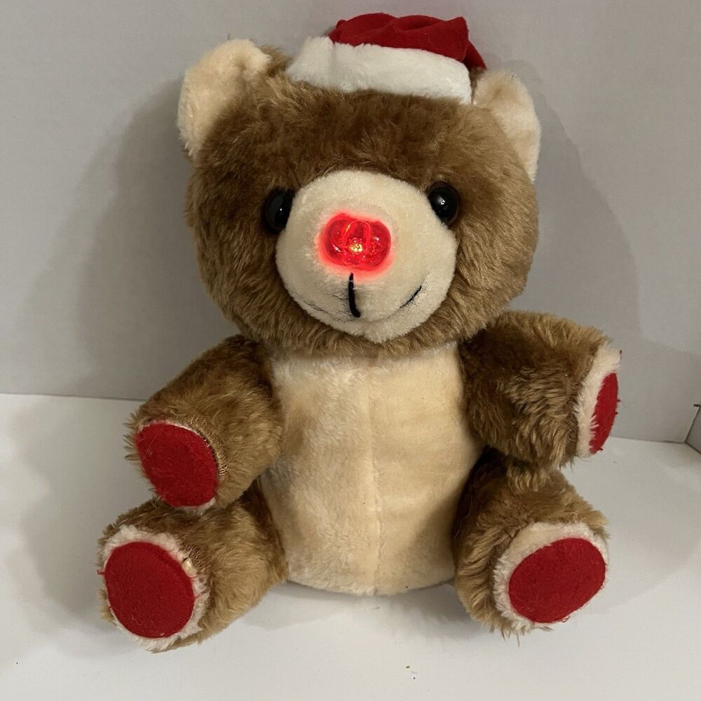 House of Lloyd Christmas Musical Bear Plush 12" Santa Hat Light Up Nose Works